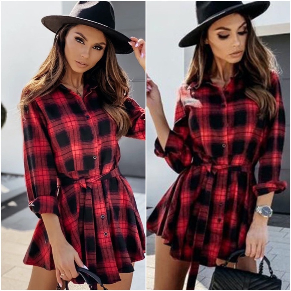 plaid belted long sleeve button down mini dress